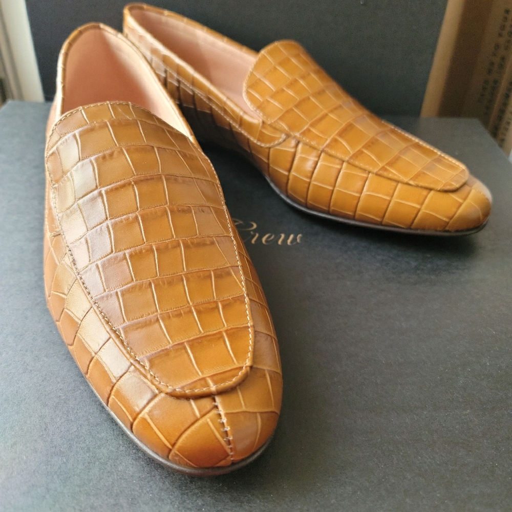 New! J Crew Sz 8 Smoking Slippers Shoes Flats Croc embossed Leather Camel AQ740